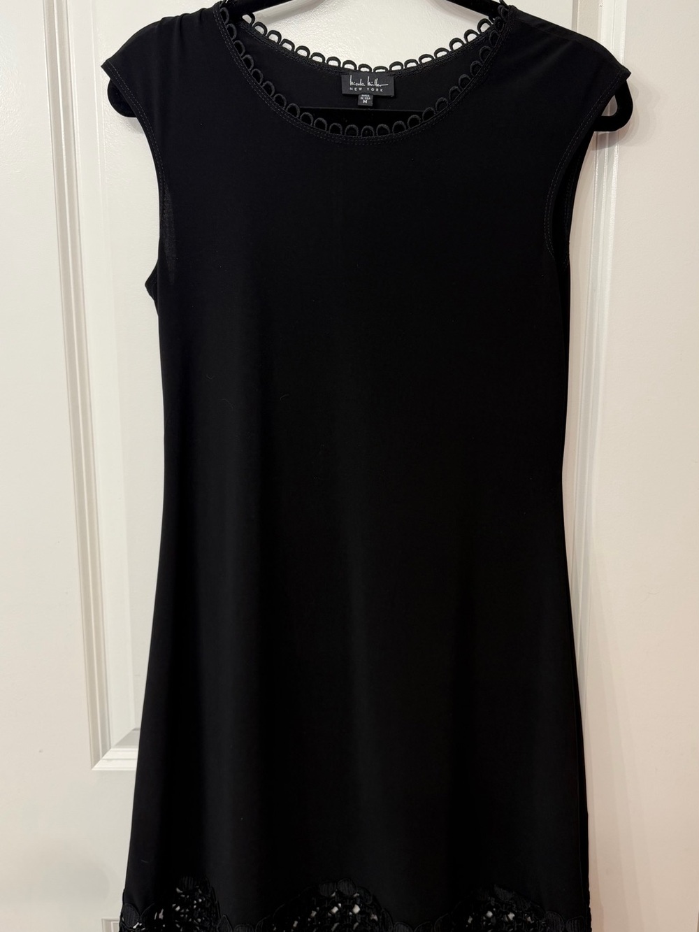 Nicole Miller Black Dress with Loop-Trim Neckline and Lace Hem